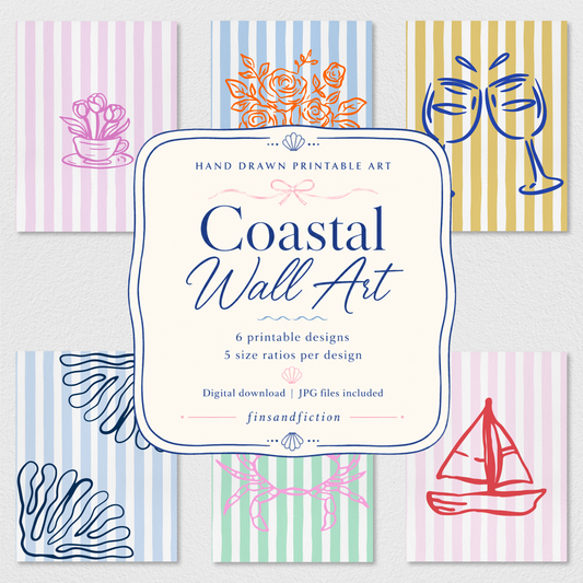 Hand Drawn Coastal Wall Art Bundle | Printable Beach Decor Set