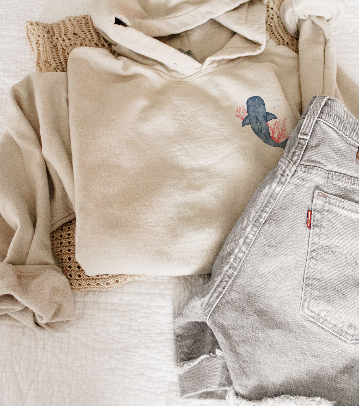 Watercolor Whale Hoodie – Coastal Whale Shark Sweatshirt | Ocean Lover Hoodie by Fins & Fiction