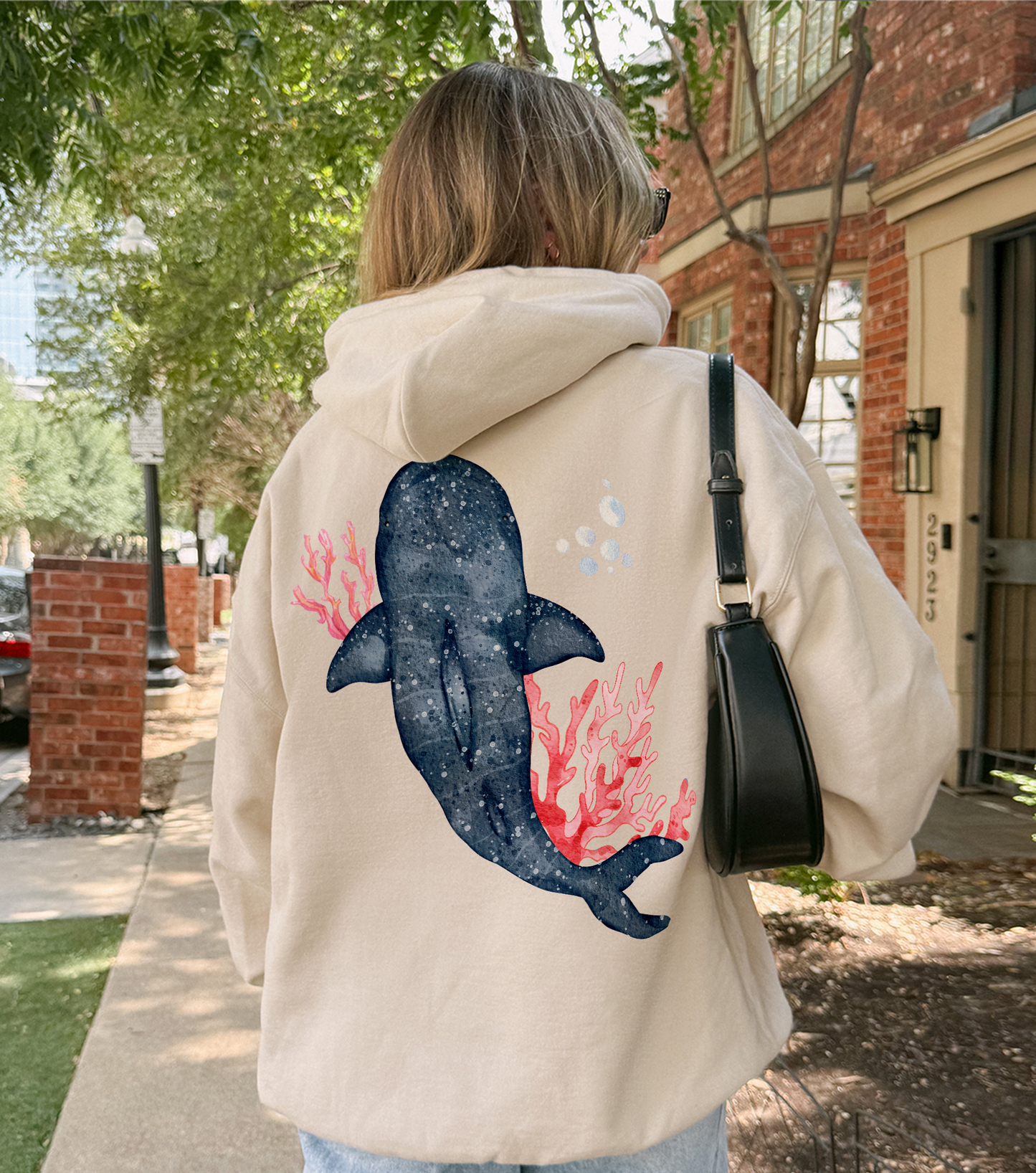 Watercolor Whale Hoodie – Coastal Whale Shark Sweatshirt | Ocean Lover Hoodie by Fins & Fiction