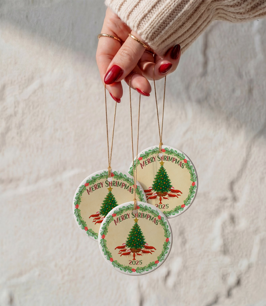 Merry Shrimpmas 2025 Ceramic Ornament – Cozy Watercolor Shrimp Holiday Decor