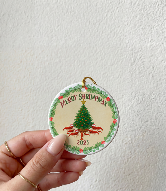 Merry Shrimpmas 2025 Ceramic Ornament – Cozy Watercolor Shrimp Holiday Decor