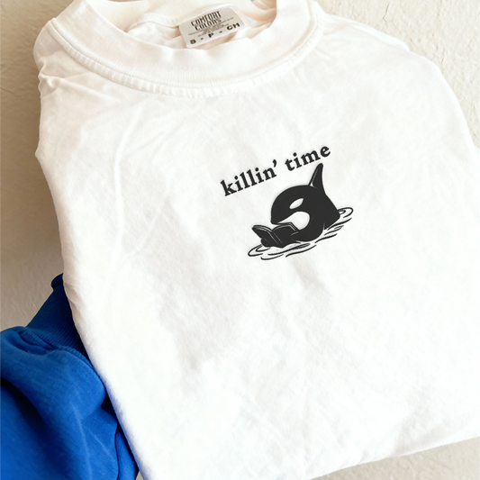Killin’ Time Orca Embroidered Comfort Colors T-Shirt | Minimalist Ocean Tee