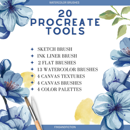 20 Piece Watercolor Brush Set for Procreate | Digital Watercolor Toolkit