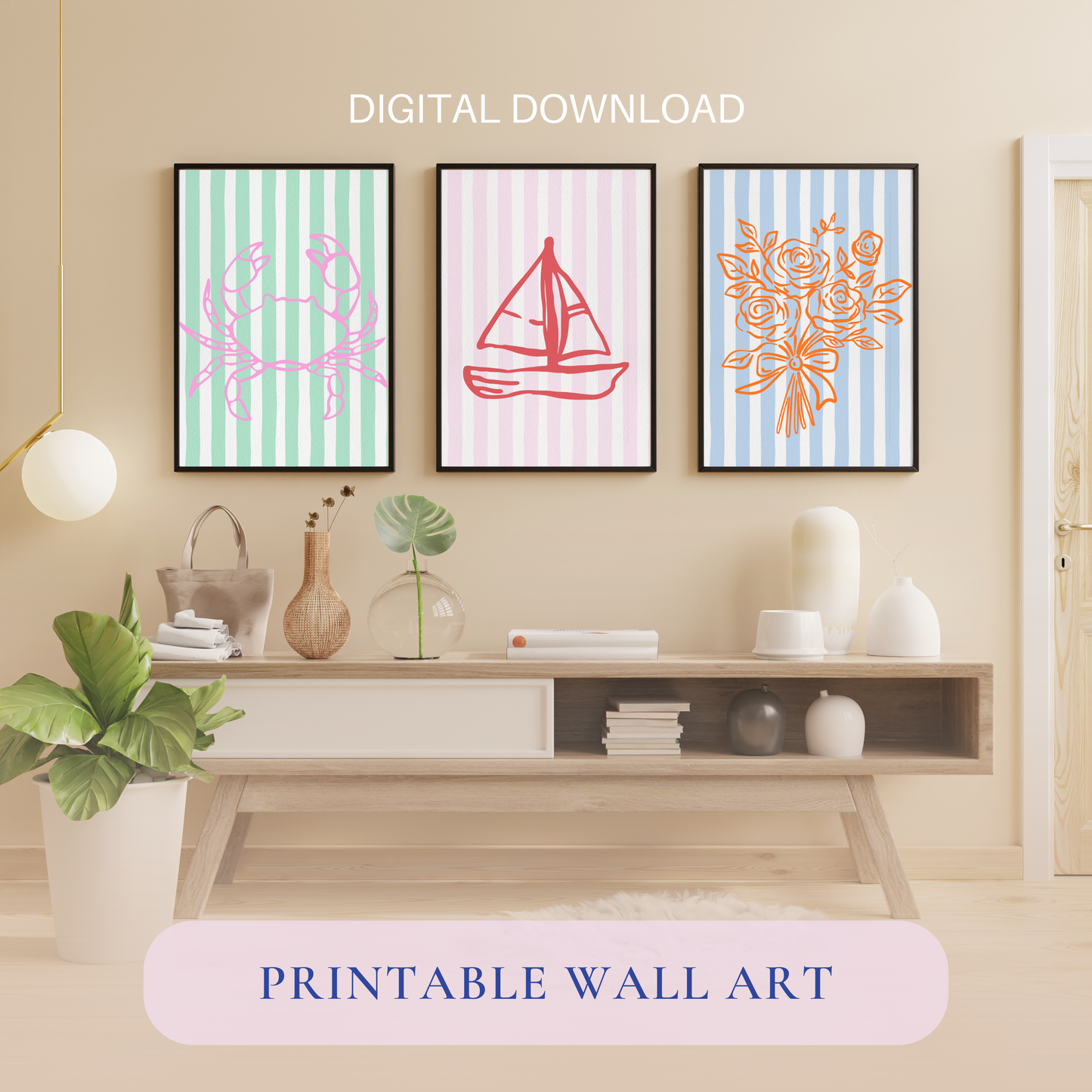 Hand Drawn Coastal Wall Art Bundle | Printable Beach Decor Set