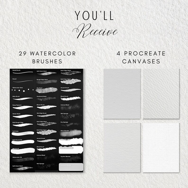 Watercolor Brush Set for Procreate | 29 Brushes + 4 Canvas Textures